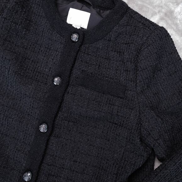 H&M Black Textured Weave Wool Blend Tweed Lined Collarless Jacket Womens Size L - Picture 8 of 16